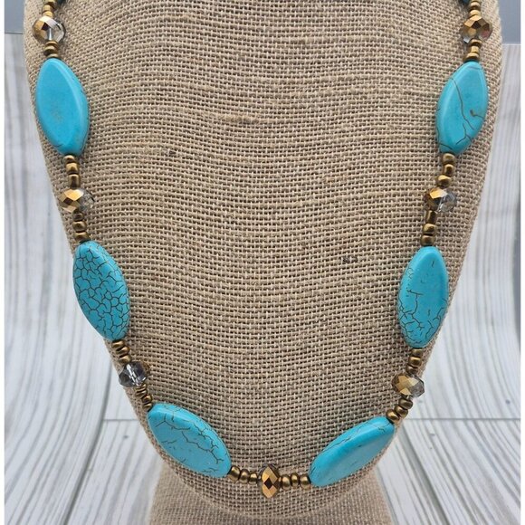 Artisan Bronze Bead & Howlite Stone Faux Turquoise Collar Necklace & Earring Set - Picture 6 of 12